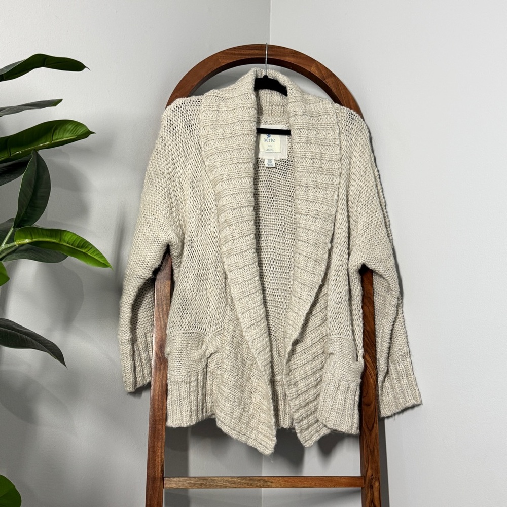 Aerie XL Tan Wool Alpaca Blend Open Front Dolman Sleeve Cardigan Knit Sweater